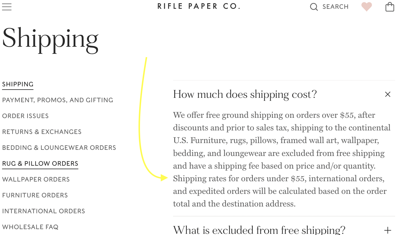 Shipping policies page on the Rifle Paper Co. website.