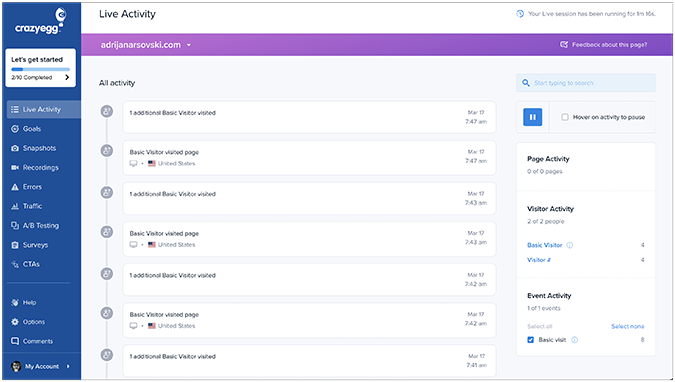 Crazy Egg Analytics live activity page showing a list of all activities.